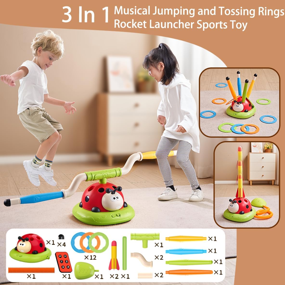 3 In 1 Musical Jump, Ring Toss Game, Stomps & Rocket Launcher for Kids
