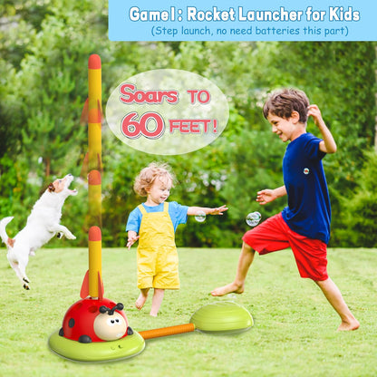 3 In 1 Musical Jump, Ring Toss Game, Stomps & Rocket Launcher for Kids