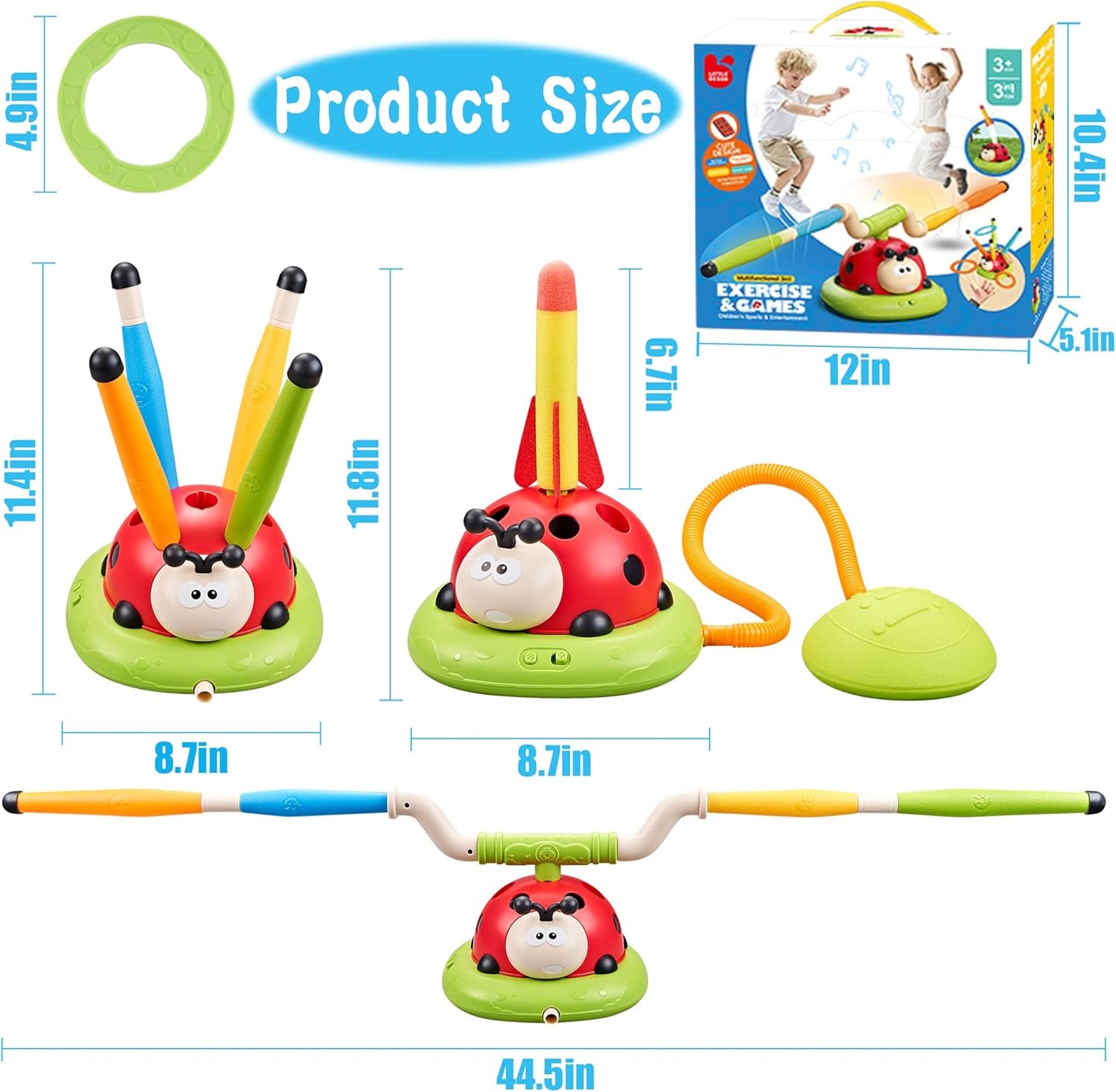 3 In 1 Musical Jump, Ring Toss Game, Stomps & Rocket Launcher for Kids